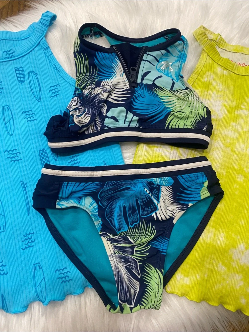 Girls 4/5 Hawaiian 🌺 Floral Racerback Bikini Set w Blue Green tanks